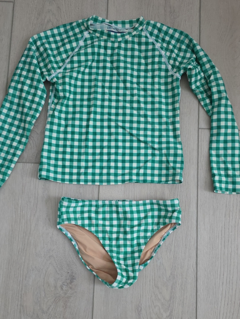 J Crew Cuts Sz 8 Green and White Gingham Long Sleeve Rash Guard Set
